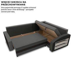 Grande sarokkanapé polcokkal , polc a jobb karfaban, jobboldali, szövet anyag, bonell töltet, szürke - fekete