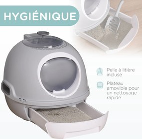 PawHut Macskaalom Tálca Hordozható WC Ház Csúszó Aalomadóval, Lengő Ajtóval és Tetőablakkal + Kanalat Tartalmaz. Méret: 47L x 55W x 44H cm Szürke | Ao