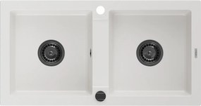 Mexen Mario  konyhai mosogató gránit 2 medence+ pop up szifon 820 x 436 mm, fehér , szifon  fekete  - 6504822000-20-B 2 medencés