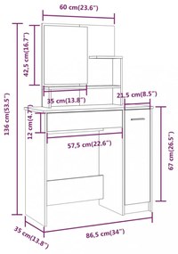 betonszürke színű fésülködőasztal-szett 86,5 x 35 x 136 cm