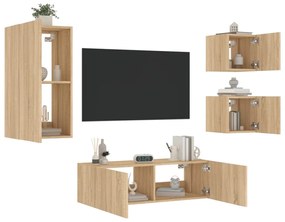 4 darab sonoma tölgy színű falra szerelhető TV-szekrény LED-del