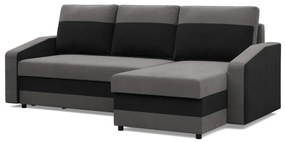Hewlet sarokkanapé, 2 ágyneműtartóval, szövet anyag, univerzális oldal, hab töltet, szürke - fekete