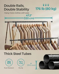 SONGMICS Dupla Görgethető Ruhatartó Állvány, 120 cm, Matt Fekete
