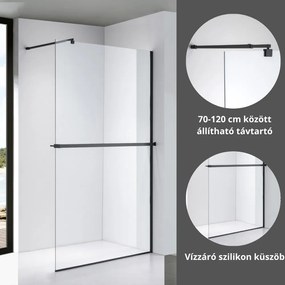 Stuxi Milano Plus Black Walk-in zuhanyfal, 100x200 cm, 8 mm vastag vízlepergető biztonsági üveggel, 200 cm magas, matt fekete profillal és távtartóval