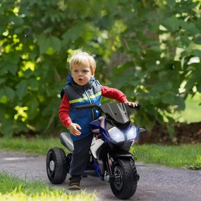 HOMCOM Elektromos Gyerekmotor, fények és hangok, 3 km/h, újratölthető, műanyag és fém, kék-fehér