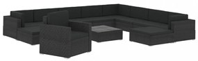 12 részes fekete polyrattan kertibútor-garnitúra párnákkal