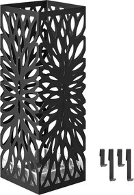 Esernyőtartó, szabadon álló esernyőtároló állvány, levehető csepegtetőtálcával, 4 akasztóval, fekete