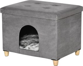 PawHut 2 az 1-ben Macska Barlang Puffal, Levehető Fedéllel, Washable Párnával és Magas Fa Lábakkal Benti Használatra 60x45x44,5 cm Szürke | Aosom