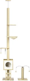 PawHut Padlótól a Mennyezetig Terjedő Macska Fa 225-285 cm Kicsi Macska Fa Állítható Magasságú Platformokkal,Hintaágy,Zsineges Oszlop,Rampa és Játék G