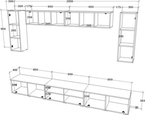Kos V6 nappali szekrénysor, Fekete / Fényes fehér, MDF, 285 cm
