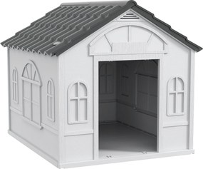 PawHut Kültéri Kutyaház 84,2x98,2x82 cm Ablakmintás és Imitált Cserépfedéllel Nagy Kutyák Számára Szürke és Fehér | Aosom