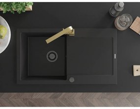 Mexen Leo, gránit mosogató 900x500x190 mm, 1 kamrás, fekete, fekete szifonnal és arany Rita mosogató csapteleppel, 6501-77-670300-50-B