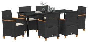 7 részes kerti étkező szett párnákkal, fekete poli rattan
