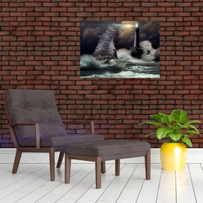 Kép - Viharos hullámokon áthajózó hajó (üvegen) (70x50 cm)