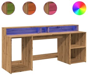 kézműves tölgy színű szerelt fa LED-es íróasztal 200x55x91 cm