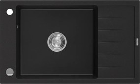 Mexen Elias gránit mosogató 1-medencés csepegtetővel 795 x 480 mm, fekete, króm szifon - 6511791005-77