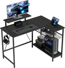 HOMCOM fordítható L-alakú gamer íróasztal monitorállvánnyal és állítható hálós polccal, 114,5 x 82 cm, fekete karbonmintás | Aosom