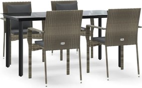 vidaXL 5 részes fekete és szürke polyrattan kerti étkezőszett párnával