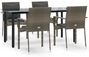 vidaXL 5 részes fekete és szürke polyrattan kerti étkezőszett párnával