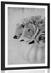 Poszter paszportuval rózsák vázában fekete fehérben