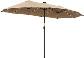 Outsunny Kétszemélyes Virágzású Napernyő 48 Napelemes LED Fénnyel, 450x265x240 cm Teraszon Használható Napernyő Kíváló Védelmét Nyújt a Teraszon, Balk