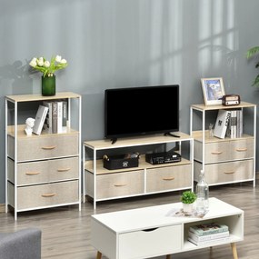 HOMCOM Alacsony TV Állvány Lábakkal 47 hüvelykes TV-khez, Ipari Stílus, 2 Szövet Fiók, Világosszürke, Természetes Fa és Fehér Fém | Aosom