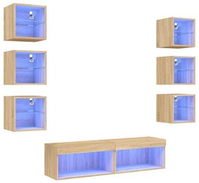 8 darab füstös tölgy színű szerelt fa TV-bútor LED-del