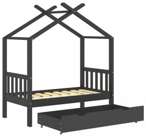 sötétszürke tömör fenyőfa gyerekágykeret fiókkal 70 x 140 cm