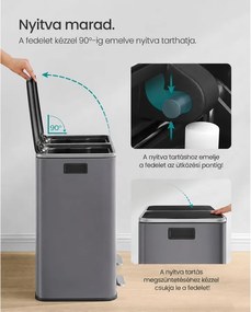 2 rekeszes pedálos recycling szemetes lágy záródással, szürke fém