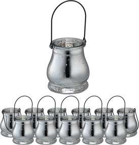 Relaxdays Lampion Gyertyatartó Szett 12DB-OS Ezüst Üveg Felakasztható