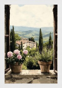 Poszter Keret Fa Ablak Olaszország Toszkána Virágok Rózsák Levendula 40x60