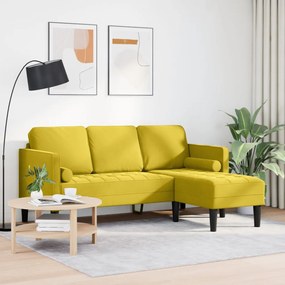 Kertiszófa Padokkal és Párnákkal L-alakú Sárga Bársonyos, L-alakú kanapé Sárga 173x131x67 cm Bársony, Pad Sárga 113x57x39 cm Bársony