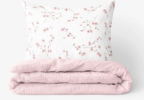 Goldea krepp ágyneműhuzat duo - cseresznyevirágok, púderrózsaszín hátoldal 140 x 200 és 70 x 90 cm