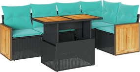 vidaXL 6 részes fekete polyrattan akácfa kerti ülőgarnitúra párnákkal