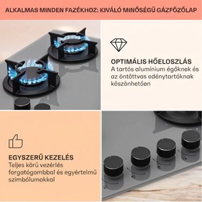 Klarstein Firetale, gázfőzőlap, 4 égő, alumínium égők, tömlővel és redukáló szeleppel