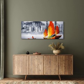 Festmény - Victoria Harbour, Hong Kong, fekete-fehér olajfestmény (120x50 cm)