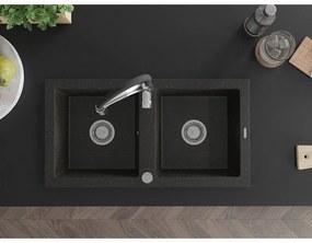 Mexen Mario, gránit mosogató 820x436x161 mm, 2 kamrás és Aster mosogató csaptelep, fekete-arany metál, 6504-75-73450-07