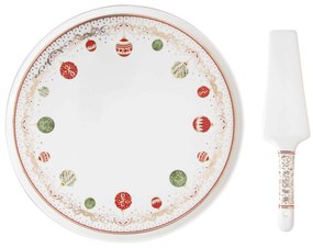 Karácsonyi gömbökkel díszített porcelán tortatál lapáttal Christmas Eve