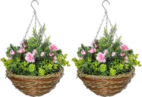 Outsunny 2 db Műlisianthus Növény Kaspóval és Akasztóval, Műnövények PE-ből és Fonott Anyagból, Ø25x34 cm, Zöld és Rózsaszín | Aosom