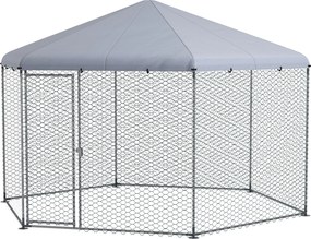 PawHut Szabadon Nevelhető Tyúkól 400 x 346 x 263 cm Acélból, Tyúk Ketrec Fedéllel, Ajtóval, 10-15 Tyúk, Kisebb Állatok és Növények Számára, Ezüst | Ao