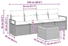 5 részes Kerti Kanapé Készlet párnákkal, Szürke Poli Rattan Akáciával, 2 személyes kerti kanapé párnákkal, Szürke Poli Rattan