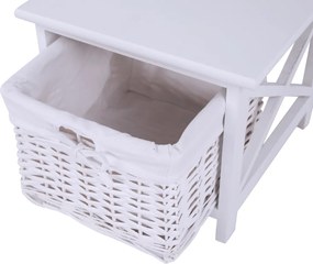 Éjjeliszekrény, fa/vesszőfonás/szövet, fehér, RAFAELLO