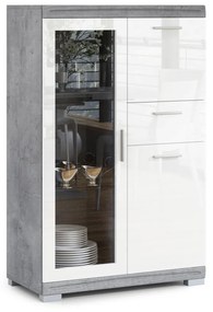 Mazzoni SIMPLE KWD3SZ1 komód Millenium Beton/Fehér Fényes - VITRINES SZEKRÉNY KÖNYVESPOLC KOMÓD NAPPALIBA ÜVEG FÉNYES
