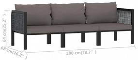 antracitszürke polyrattan háromszemélyes kanapé párnákkal