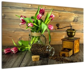 Tulipánok, daráló és kávé képe (90x60 cm)