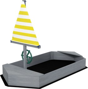 Outsunny Fából készült Gyerek Homokozó Vitorlás Hajó Formájú Gyermek Homokozó Zászlóval és Kormánykerékkel Kertbe 190x90x138 cm Sötét Szürke | Aosom