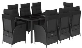 9 részes fekete polyrattan kerti étkezőgarnitúra párnákkal