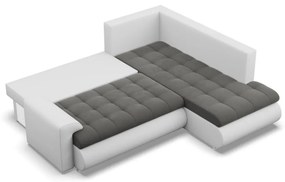 Tokio sarokkanapé, L alakú háttámlával, 2 ágyneműtartóval, bársony + műbőr, jobboldali, szürke - fehér