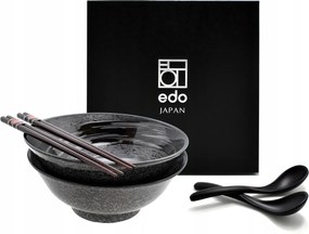 2 db-os tál szett kanállal és pálcikákkal Ramen Rasen Kuro 22 cm 1100 ml Box