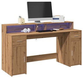kézműves tölgy színű szerelt fa LED-es íróasztal 160x55x91 cm